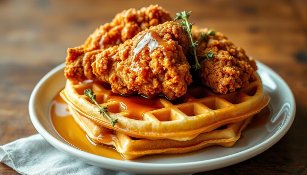 Chicken and waffles plating