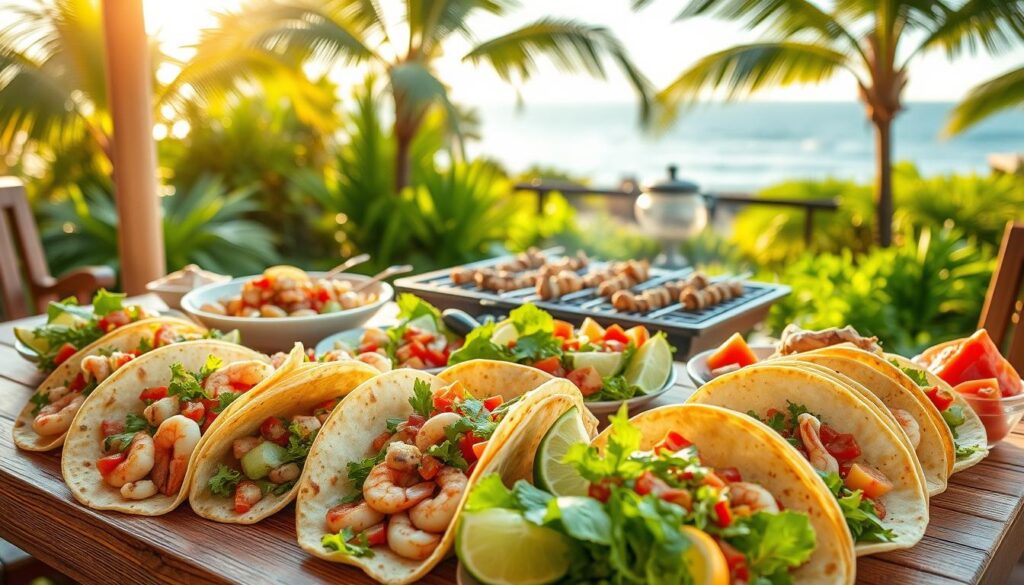 summer seafood tacos and salads